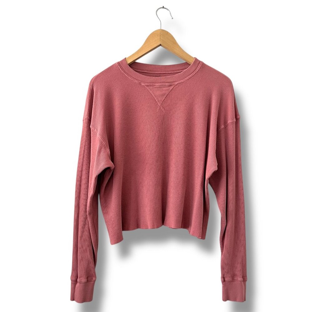 John Galt Thermal Knit Top Women M Dusty Mauve Long Sleeve Boxy Raw Hem Casual